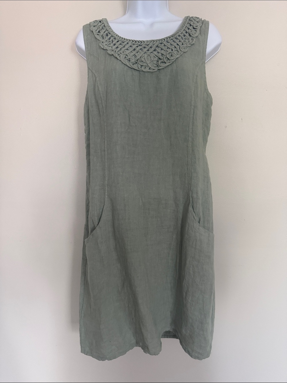 Olive Green Sleeveless Linen Dress with Crochet Neckline and pockets